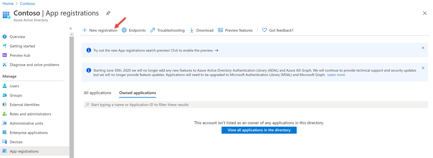 Captura de pantalla que muestra la selección de Nuevo registro para crear un nuevo registro de aplicación.