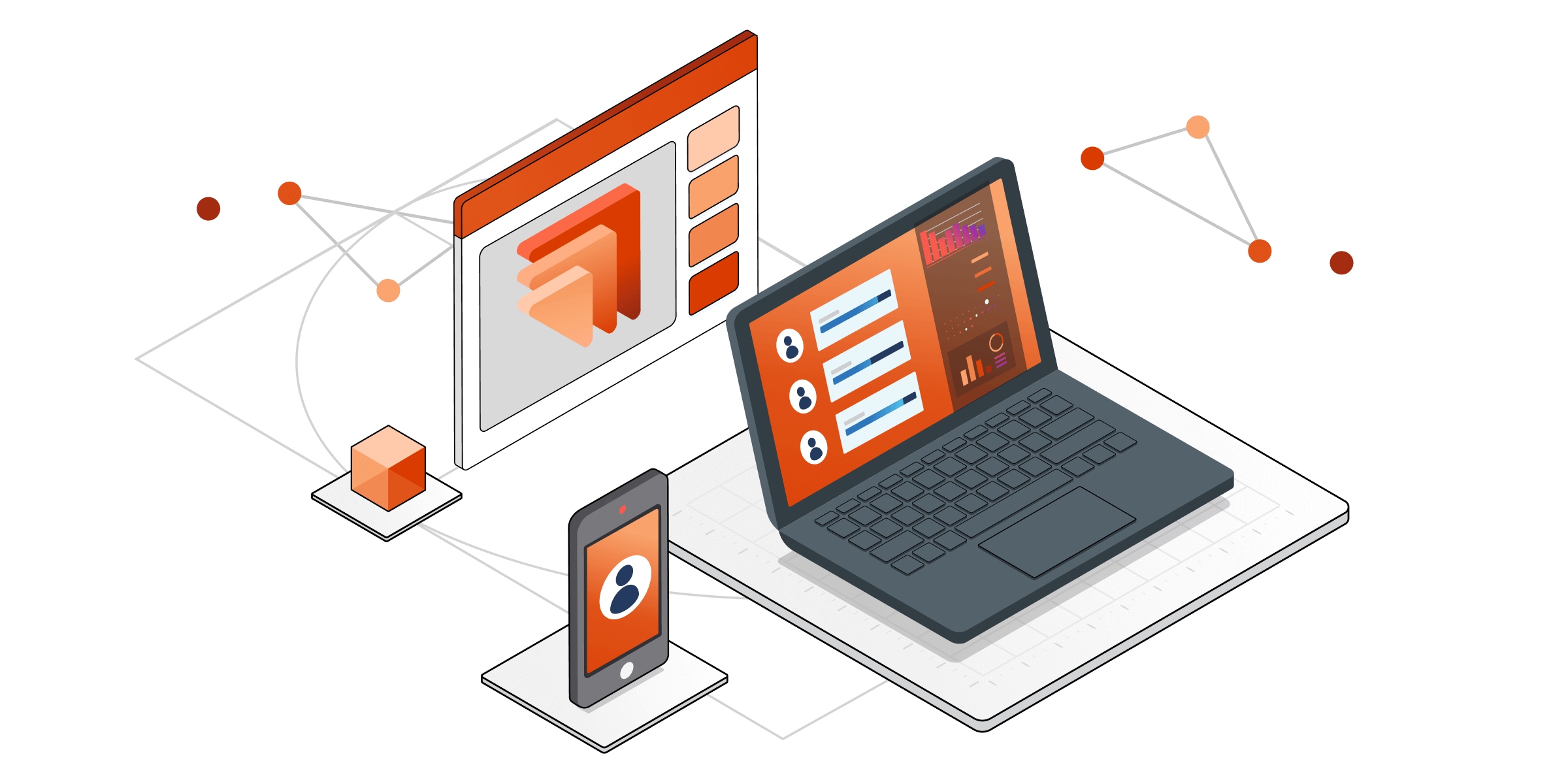 Una ilustración isométrica de componentes técnicos para los servicios de información general de Dynamics 365 Customer Insights - Journeys.