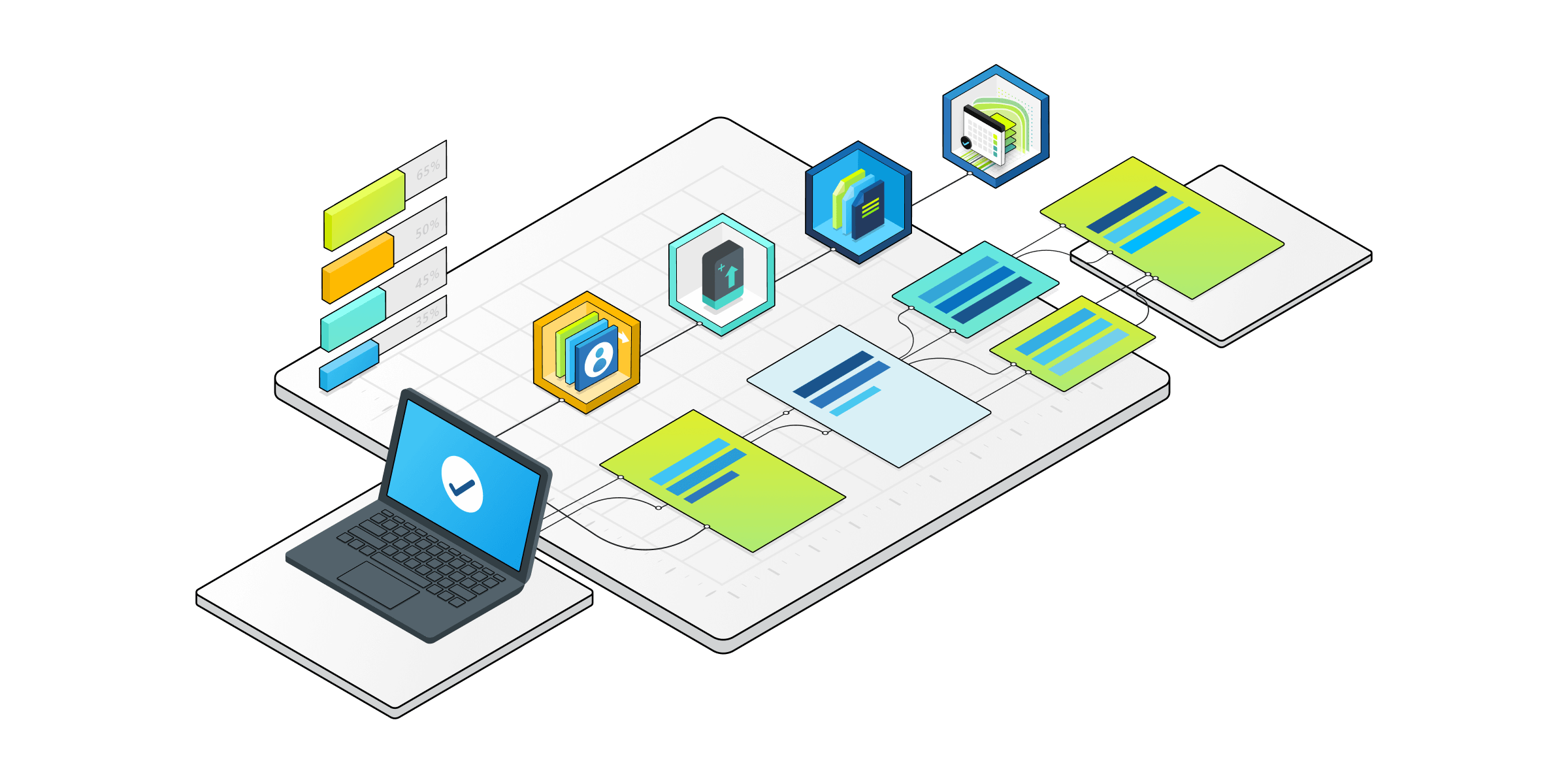 Ilustración isométrica de componentes técnicos para servicios de Sales.