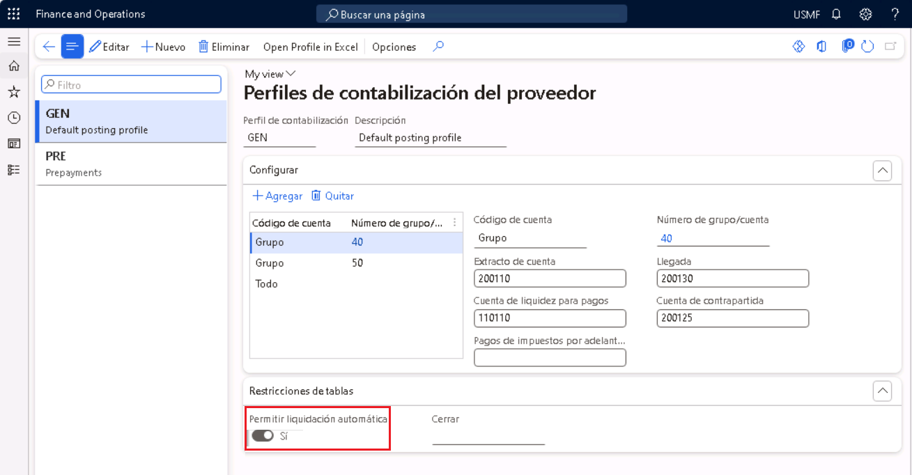 Captura de pantalla de la página Perfiles de contabilización del proveedor, con la casilla Permitir liquidación automática resaltada