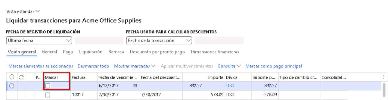 Captura de pantalla de transacciones de liquidación para Acme Office Supplies, con la casilla Marcar resaltada