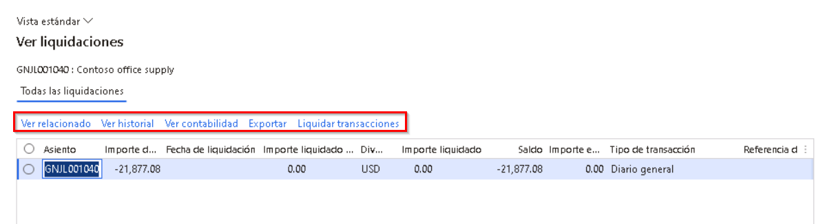 Captura de pantalla de la página Ver liquidaciones de Dynamics 365 Finance con los botones resaltados