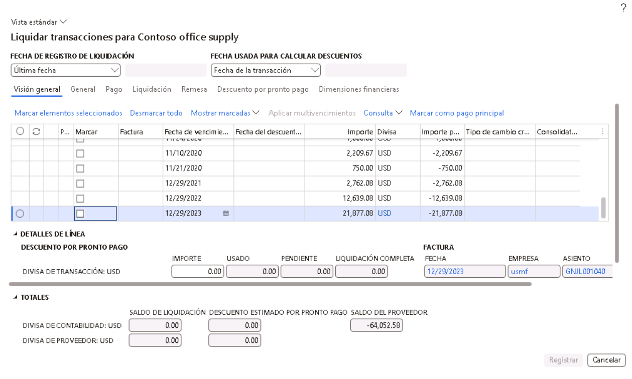 Captura de pantalla de la página de liquidación de transacciones en Dynamics 365 Finance