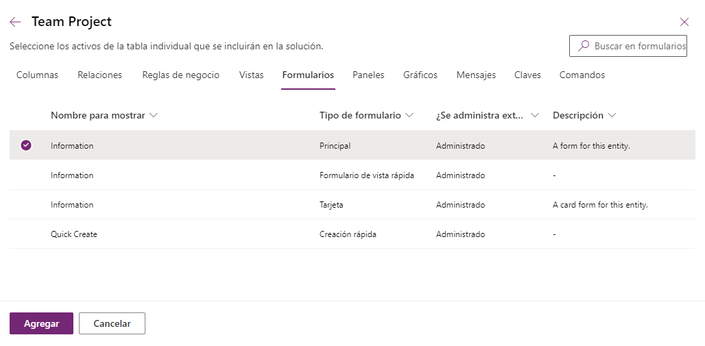 Captura de pantalla de la ventana para agregar componentes