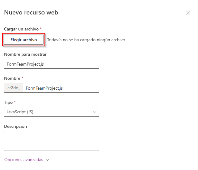 Captura de pantalla del botón de elegir archivo de recurso web