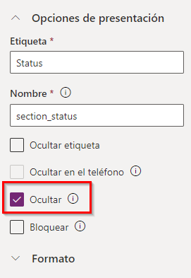 Captura de pantalla de la casilla Ocultar.