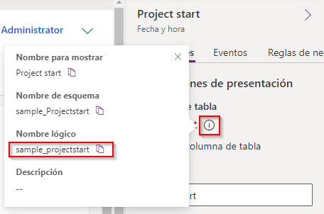 Captura de pantalla del botón de información en el que se muestra el nombre lógico