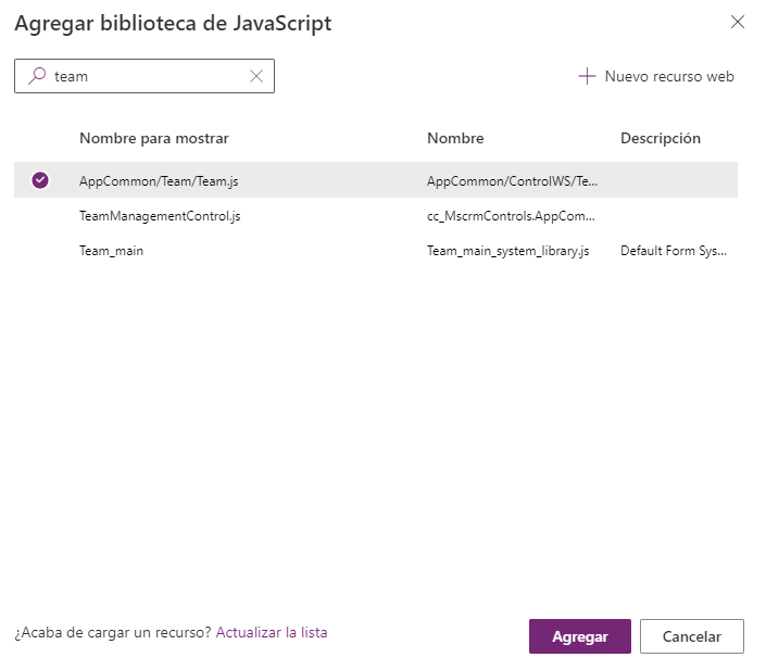 Captura de pantalla de la ventana de agregar una biblioteca de JavaScript