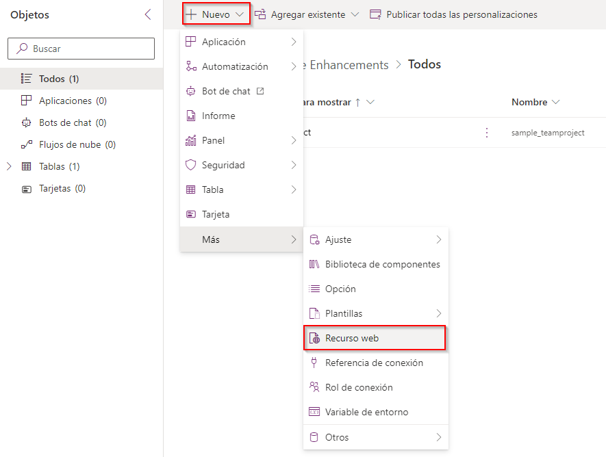 Captura de pantalla del botón de agregar nuevo recurso web