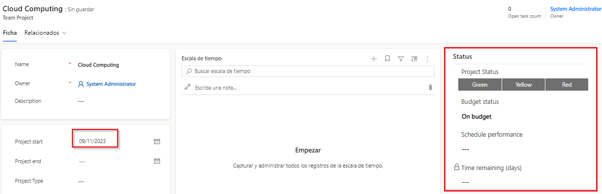 Captura de pantalla del valor de inicio del proyecto establecido en hoy con la sección Estado visible.