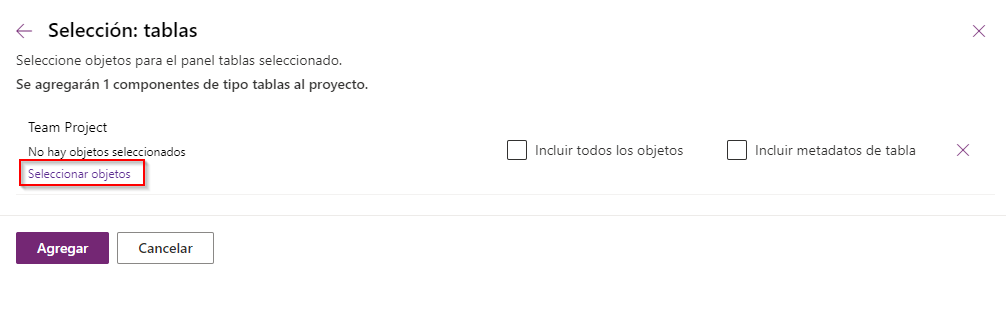 Captura de pantalla del botón de selección de componentes
