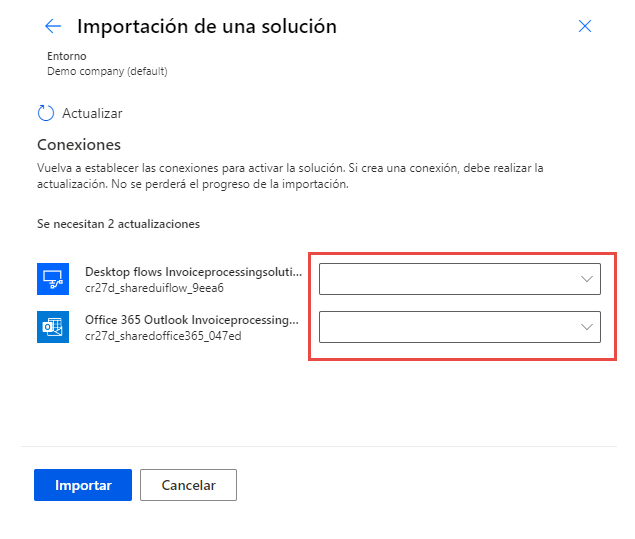 Captura de pantalla que muestra de nuevo el cuadro de diálogo Importar una solución