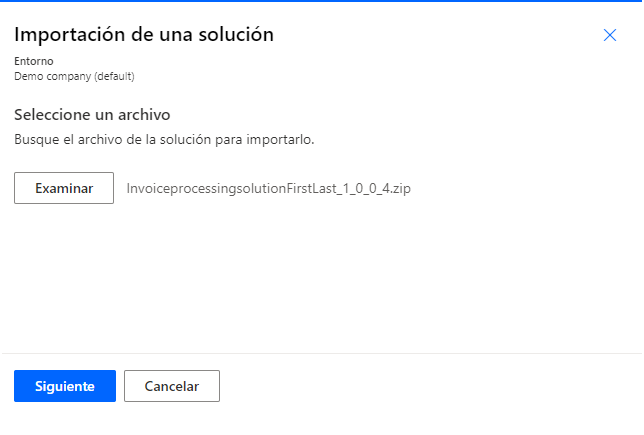 Captura de pantalla que muestra el cuadro de diálogo Importar una solución