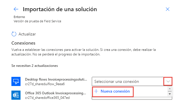 Captura de pantalla que muestra el botón Nueva conexión