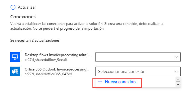Captura de pantalla del botón Nueva conexión seleccionado en el menú desplegable.
