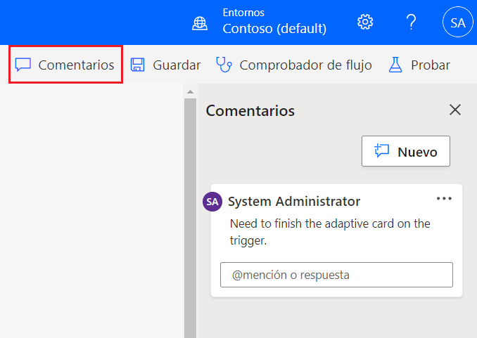 Captura de pantalla en la que se muestra el panel Comentarios en el lado derecho de la pantalla
