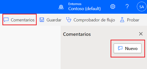 Captura de pantalla en la que se muestra el botón Nuevo en el panel Comentarios donde puede agregar un nuevo comentario