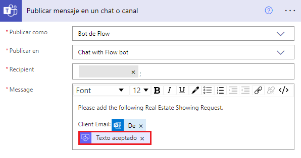 Captura de pantalla de la acción actualizada Publicar un mensaje en un chat o un canal con el contenido dinámico Accepted Text.