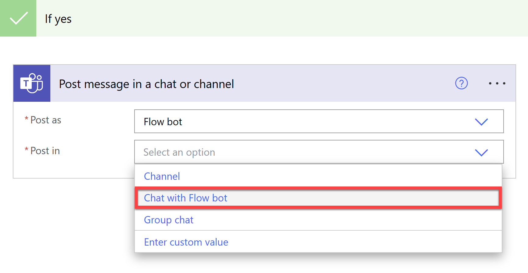 Captura de pantalla que muestra la acción de seleccionar la opción Chat con bot de Flow.