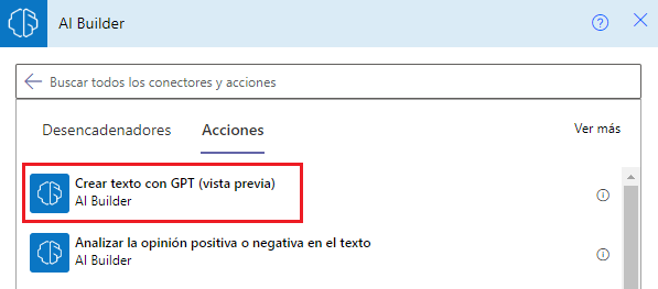 Captura de pantalla de la acción Crear texto con GPT en Power Automate.