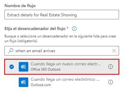 Captura de pantalla del nombre del flujo y del desencadenador de Office 365 Outlook