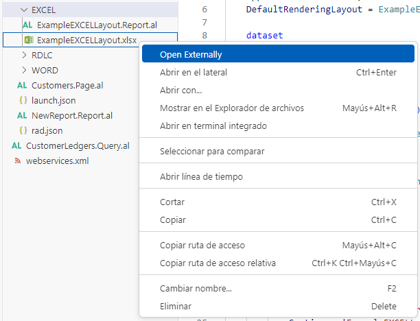 Captura de pantalla que muestra el archivo ExampleEXCELLayout.xlsx al hacer clic con el botón derecho para mostrar las opciones con Abrir externamente seleccionado