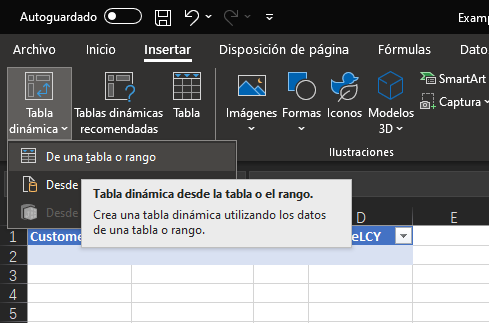Captura de pantalla de Excel que muestra el botón de tabla dinámica expandido para mostrar la opción De tabla/rango