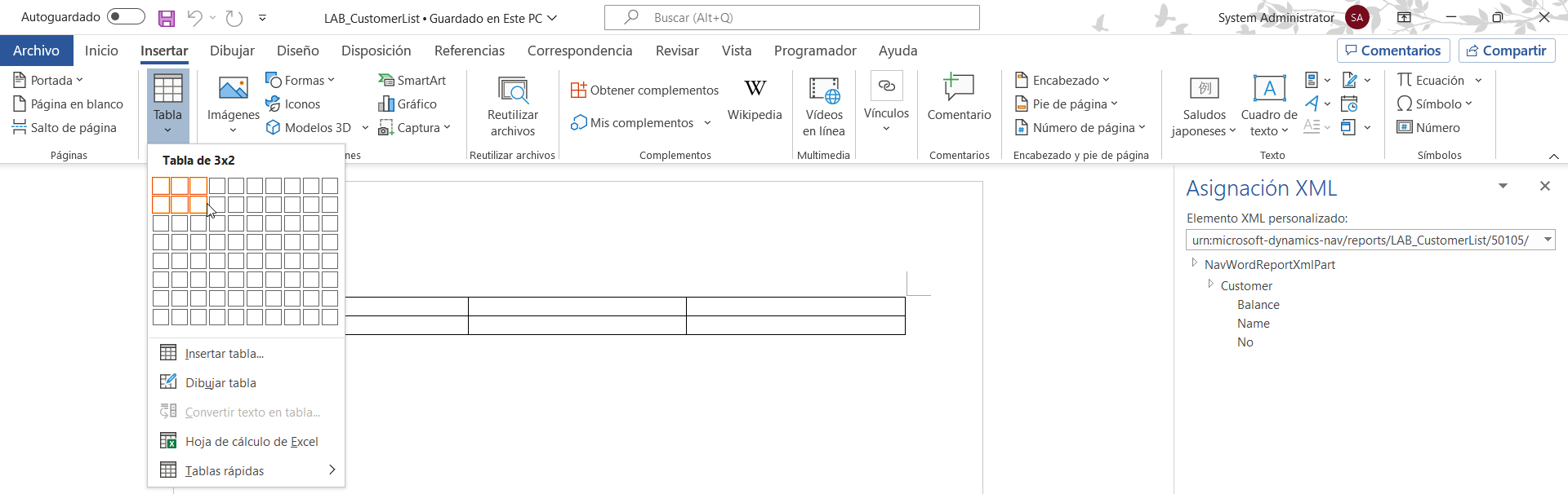 Captura de pantalla del selector para insertar filas y columnas de tabla
