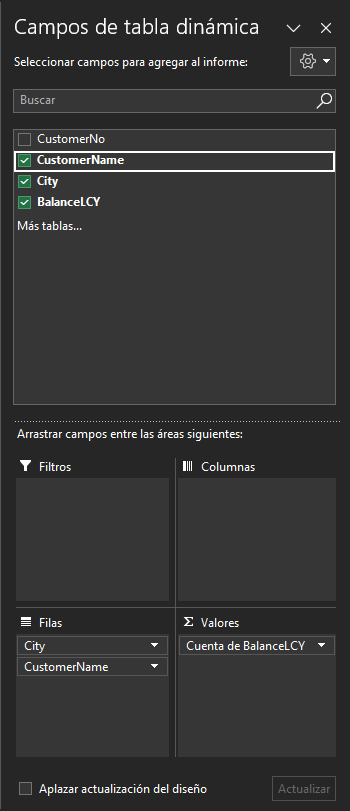 Captura de pantalla de los campos de la tabla dinámica para agregar a un informe.