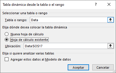 Captura de pantalla de la tabla dinámica de la página de tabla o rango.