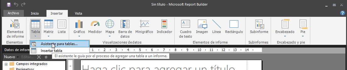 Captura de pantalla del elemento de menú Asistente para tablas.
