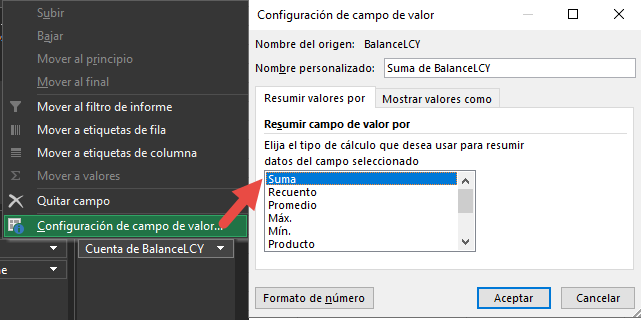 Captura de pantalla de la configuración del campo Valor para Total de BalanceLCY con la opción 