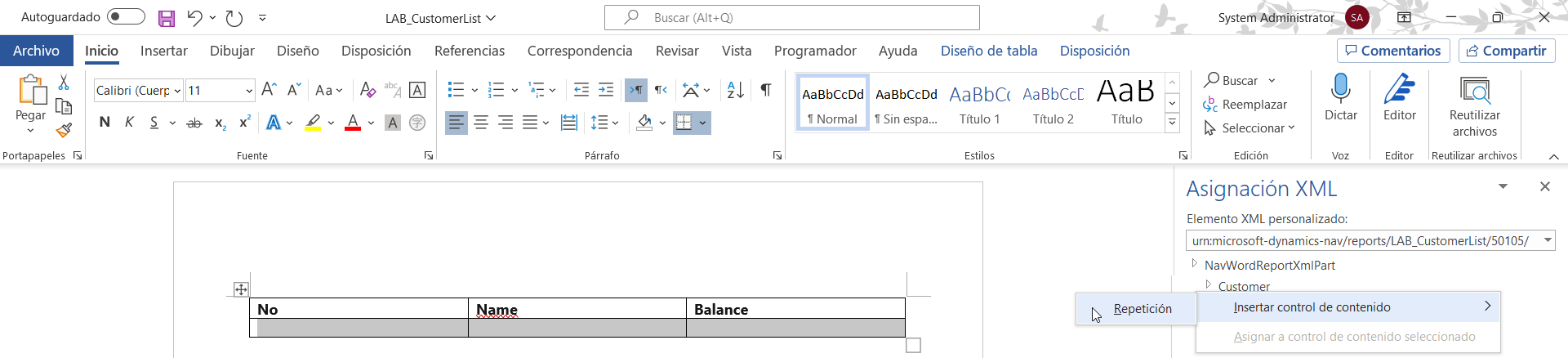 Captura de pantalla de los detalles del panel Asignación XML.
