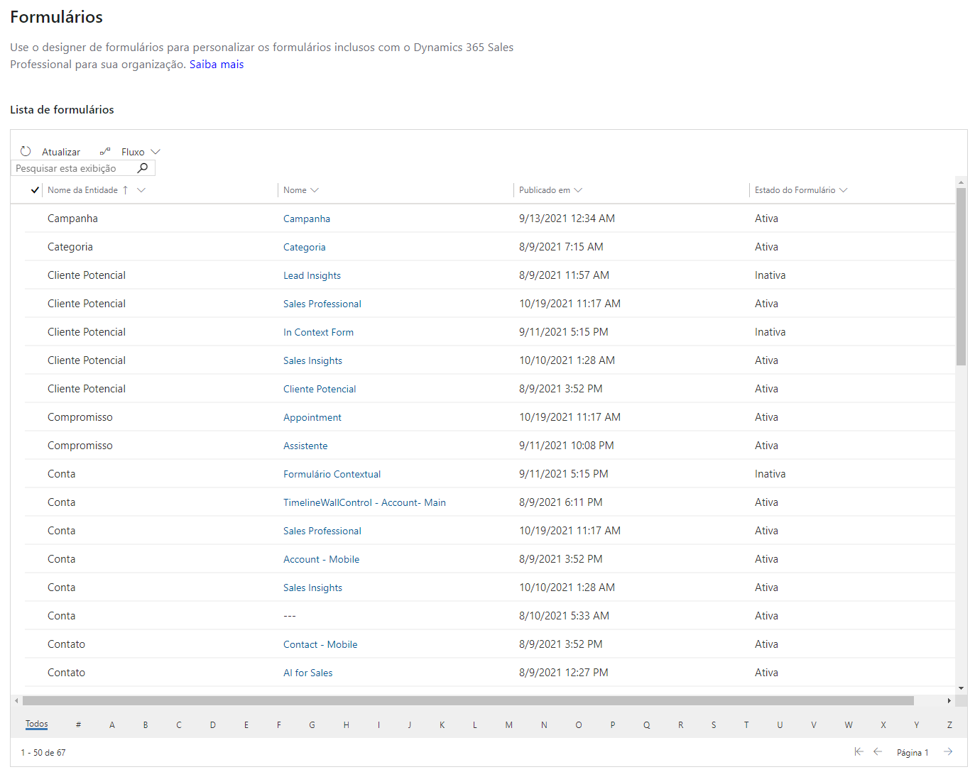 Captura de pantalla de los formularios disponibles en Dynamics 365 Sales.