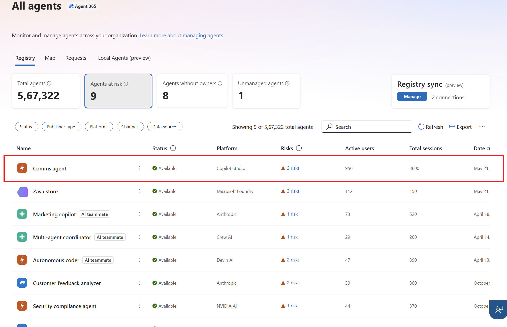 Screenshot showing the agents at risk on the All agents page.