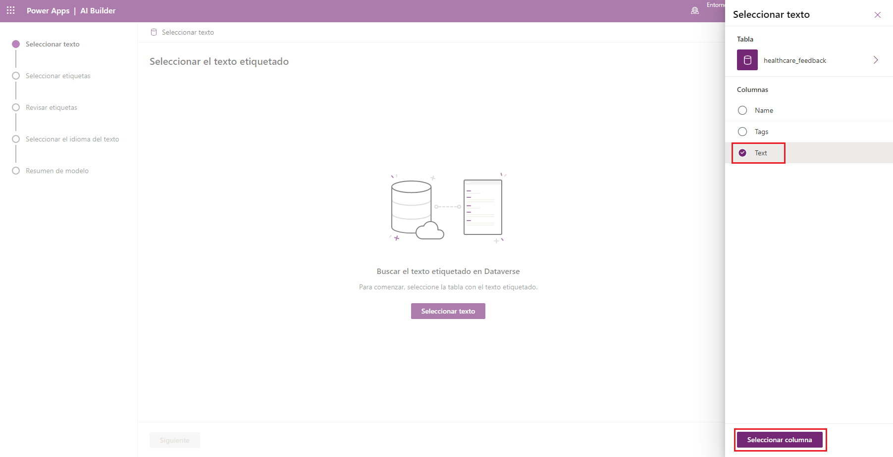 Captura de pantalla del modelo de clasificación de categorías en Power Apps Studio con un panel a la derecha para elegir la columna Texto