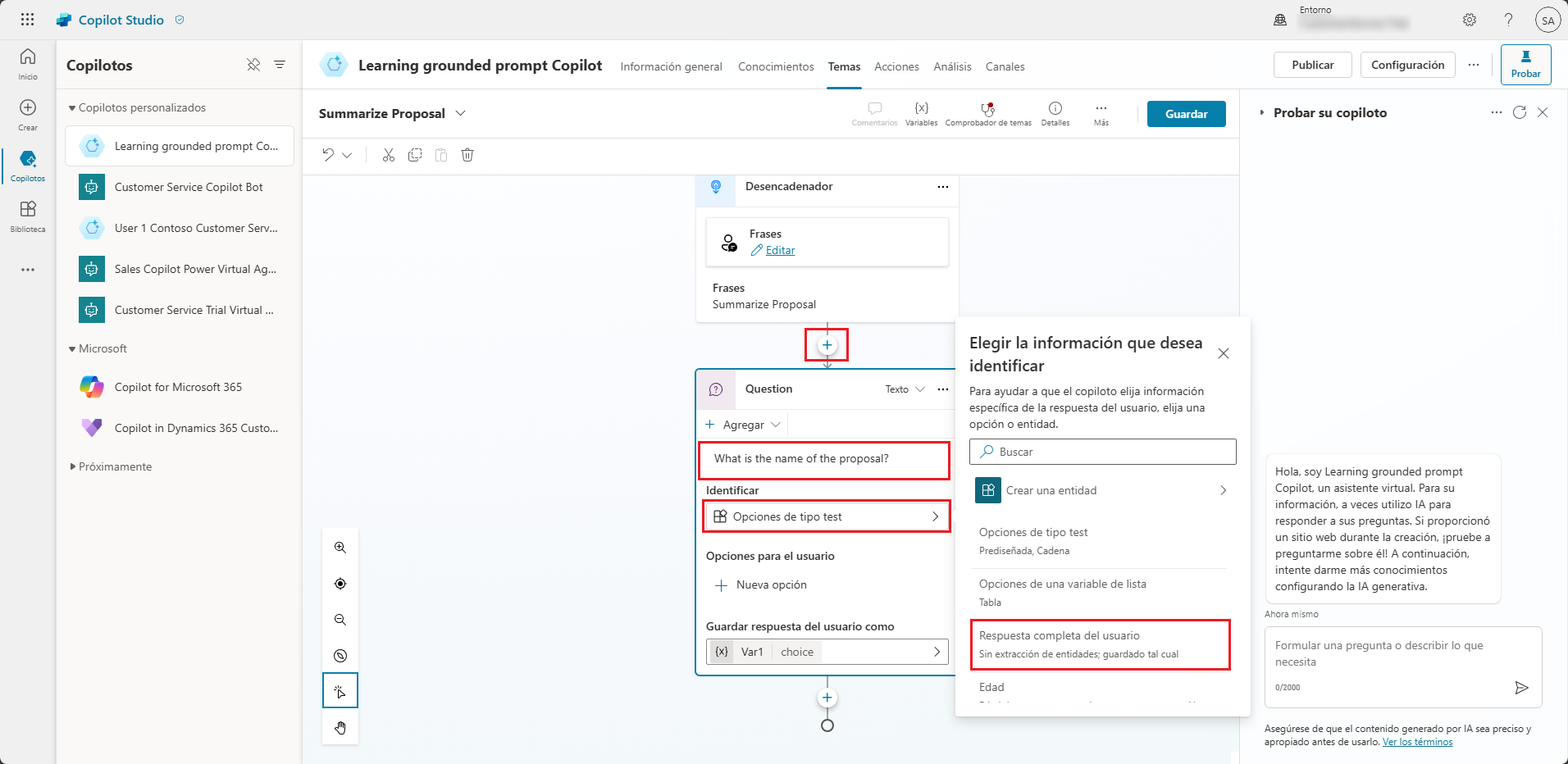 Captura de pantalla del desencadenador Resumir propuesta, con la pregunta resaltada