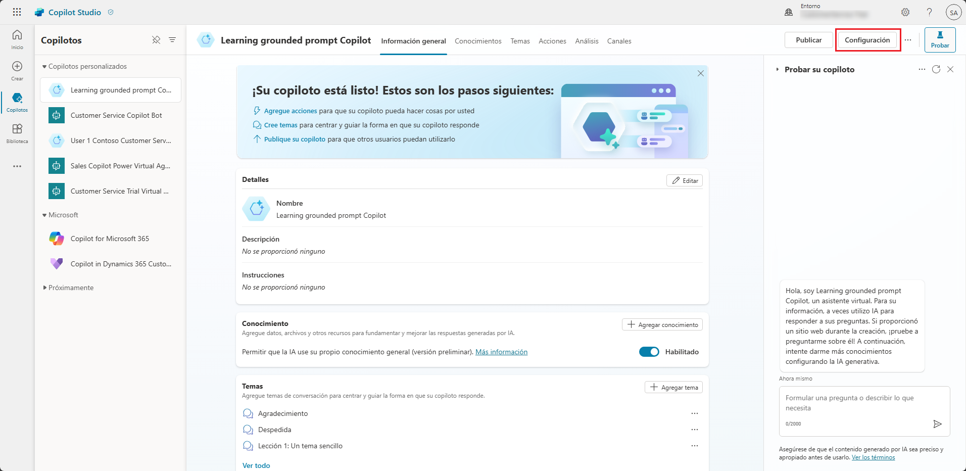 Captura de pantalla de Copilot Studio con el botón Configuración resaltado