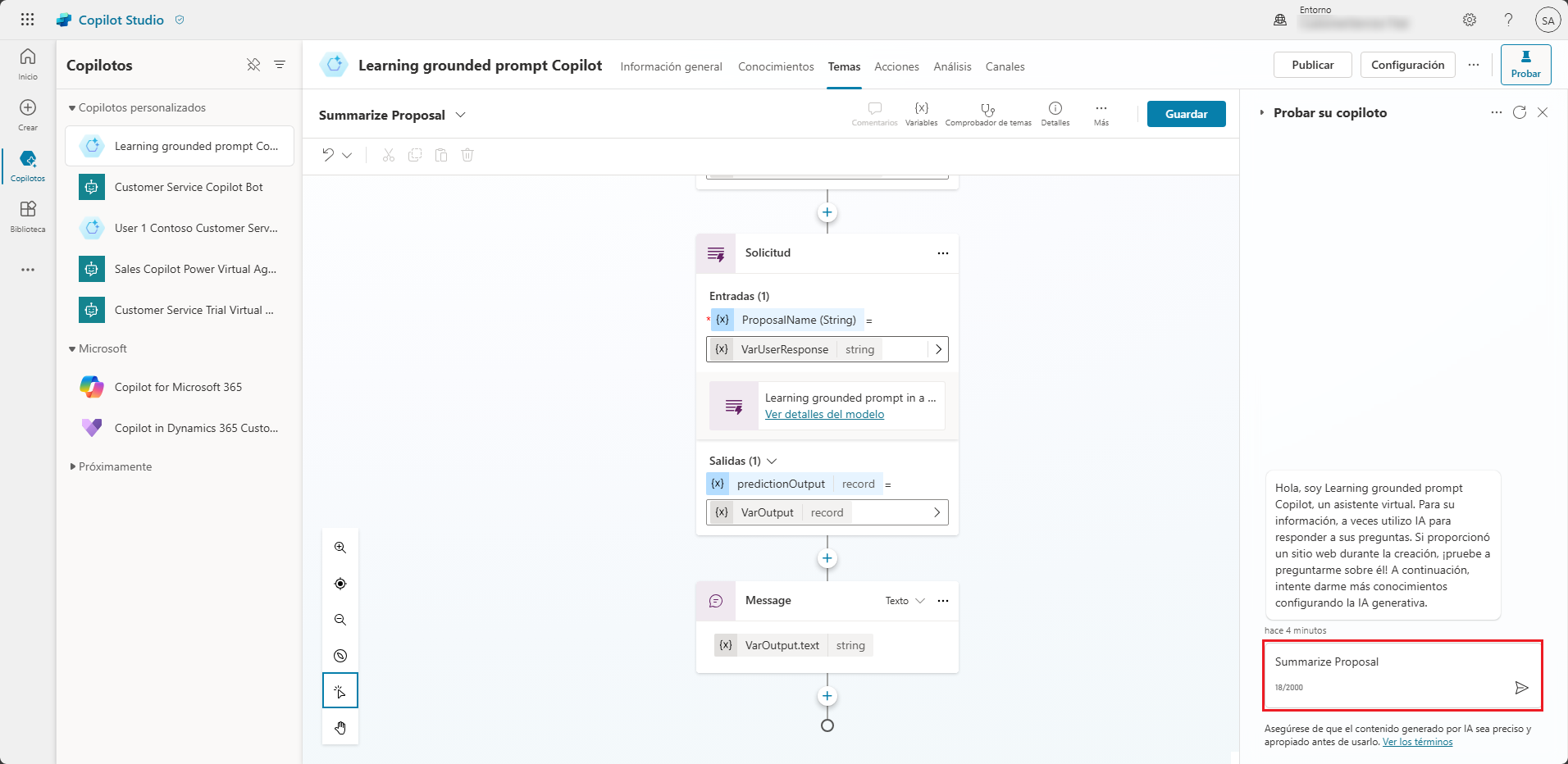 Captura de pantalla de la sección Probar el copiloto