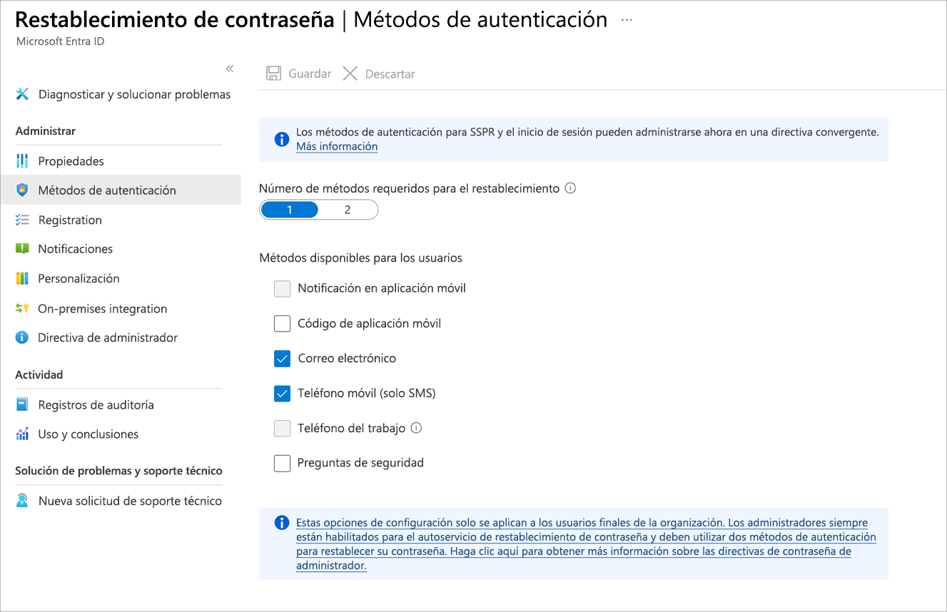 Screenshot of the Password Reset panel's Authentication methods option selected displaying panel with authentication options.