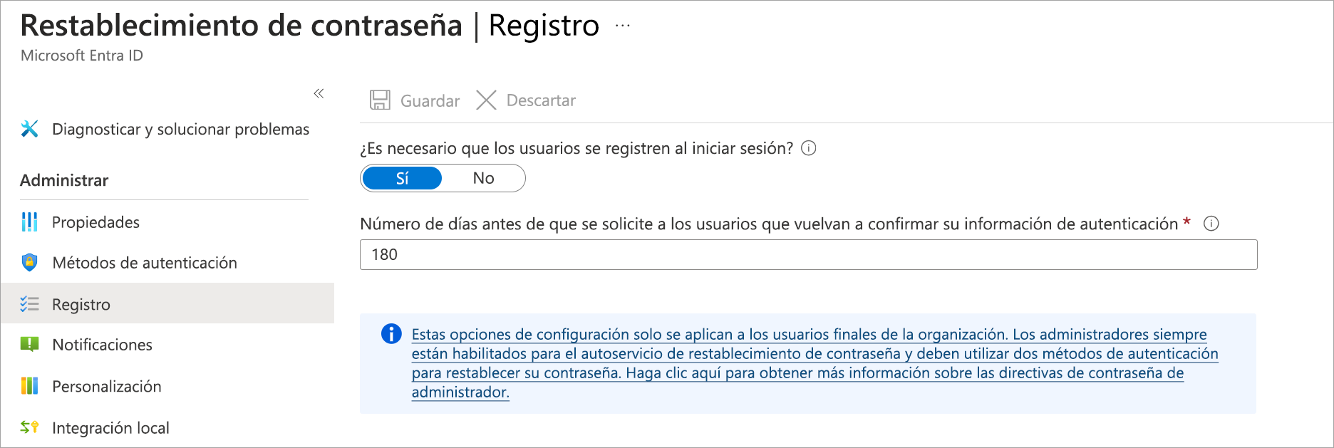 Screenshot of the Password Reset panel's Registration option selected displaying panel with registration options.