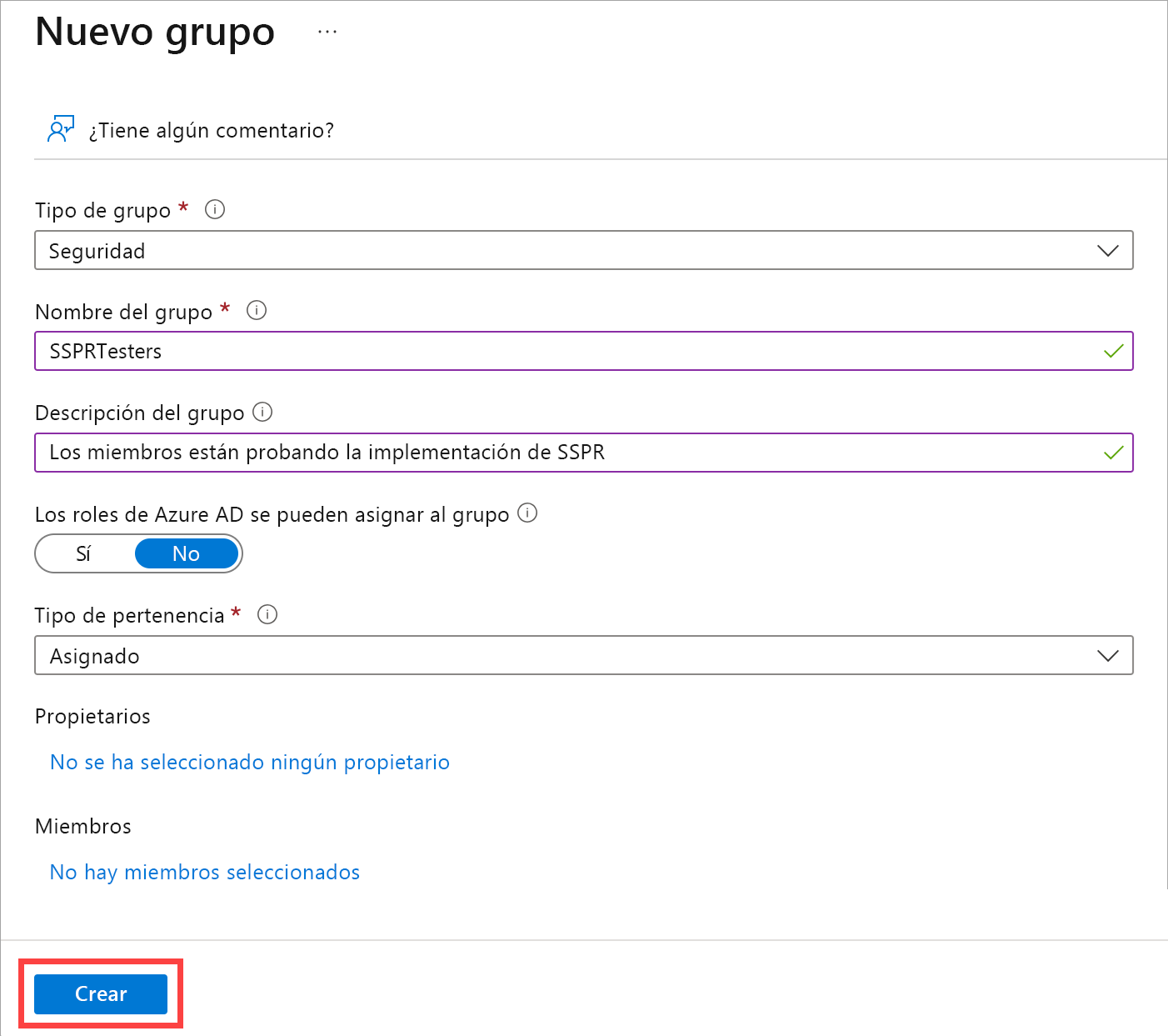 Screenshot that shows new group form filled out and the create button highlighted.