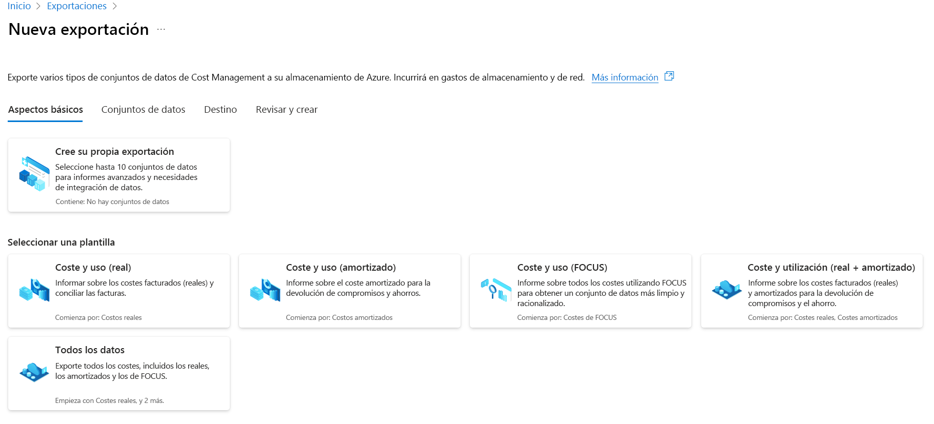 Captura de pantalla que muestra el panel Nueva exportación.
