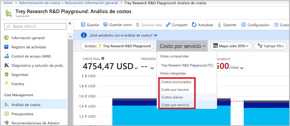 Captura de pantalla del panel Análisis de costos con un globo alrededor de las opciones de vista integradas con Costo por servicio seleccionado.