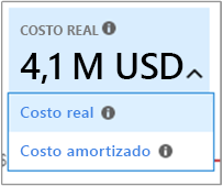 Captura de pantalla en la que se muestra la selección del costo real y los costos amortizados.