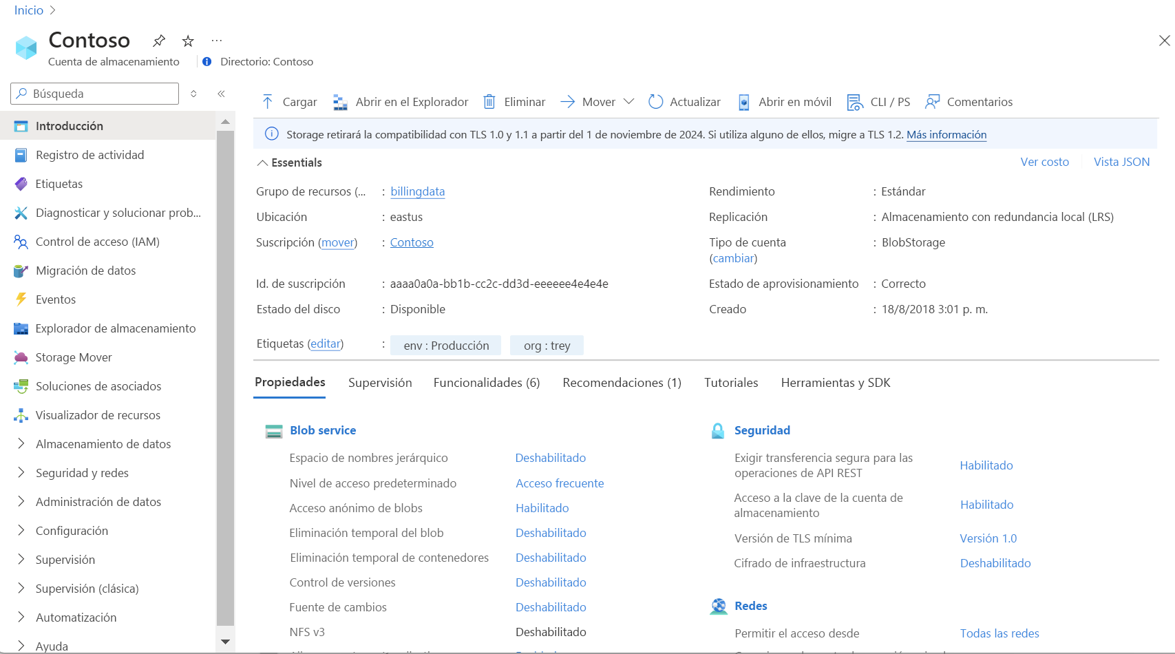 Captura de pantalla de la página de la cuenta de almacenamiento en la que se muestra información de ejemplo y un vínculo a Abrir en el Explorador.