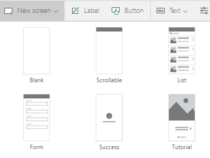 La pantalla Nuevo formulario ofrece opciones En blanco, Desplazable, Lista, Formulario, Éxito y Tutorial.