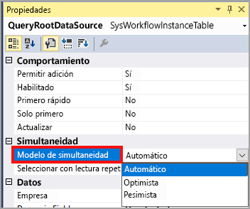 Captura de pantalla de la página Propiedades donde se resalta el menú desplegable Modelo de simultaneidad