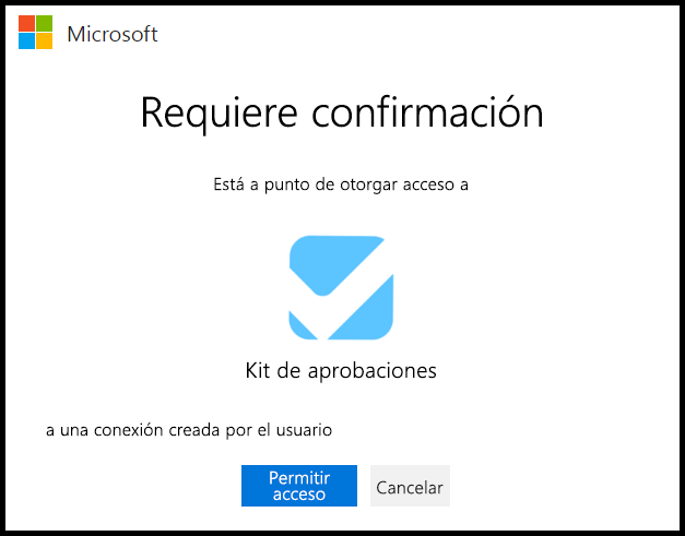 Captura de pantalla del mensaje de confirmación requerida, donde se le solicita aprobación para agregar la conexión del kit de aprobaciones