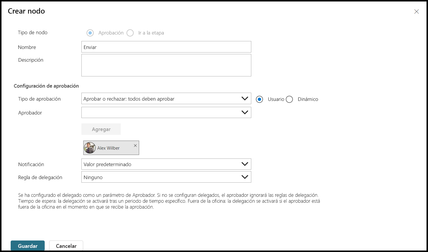 Captura de pantalla del kit de aprobaciones, con la etapa para agregar nodo